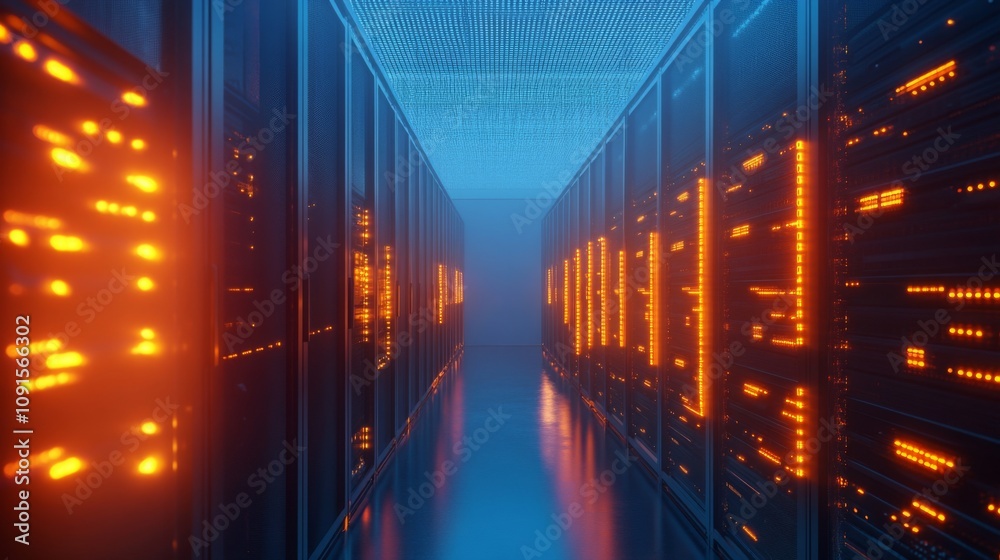 Poster a narrow corridor within a data center showcases rows of servers, with bright orange lights illumina