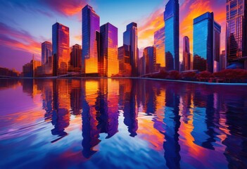 Fototapeta premium vibrant cityscape sunset reflections glass buildings skyscraper landscape, colors, urban, clouds, light, downtown, architecture, view, modern, tower
