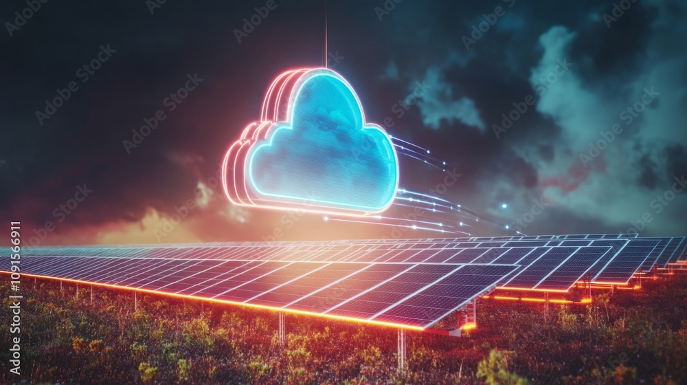 Poster The image shows a glowing blue and pink cloud symbol floating above a field of solar panels. The panels are illuminated by the light from the cloud.