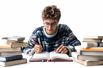 Student studying and taking notes surrounded by books at a desk
