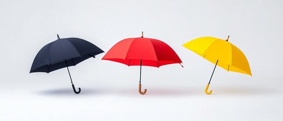 A trio of colorful umbrellas-black, red, and yellow-arranged neatly on a light background, showcasing vibrant designs and contrasting colors.