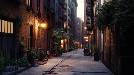 Obraz premium A quiet urban street at dusk, illuminated by warm streetlights casting soft shadows on the pavement. -