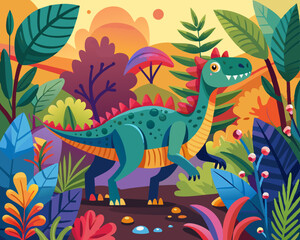 Obraz premium Colorful Dinosaur in the Midst of Plants and Trees