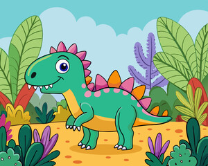 Obraz premium Colorful Dinosaur in the Midst of Plants and Trees