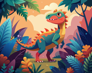 Obraz premium Colorful Dinosaur in the Midst of Plants and Trees