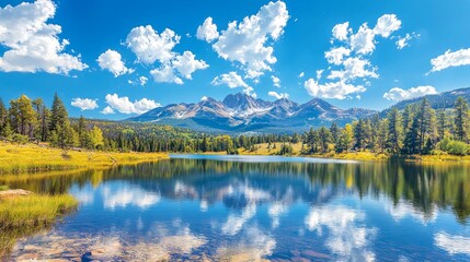 Fototapeta premium Scenic mountain landscape reflecting in a tranquil lake under a blue sky.