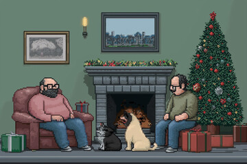 Pixel art style illustration of two men at home with pets celebrating Christmas together with tree and fireplace