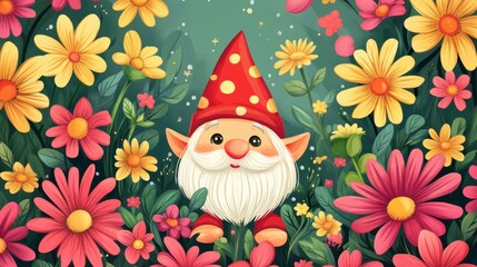 Cute little gnome spirit in Spring garden with flowers