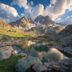 Scenic mountain landscape with a tranquil pond reflecting clouds and peaks.