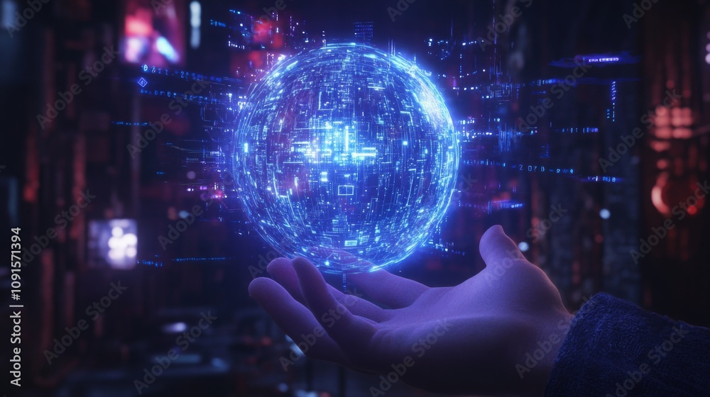 Poster a person's hand gently cradles a luminous blue sphere filled with intricate digital patterns. the sp