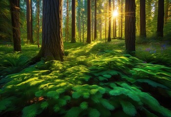 Obraz premium lush vibrant forest scenery showcasing sunlight play through capturing beauty colorful patterns, brightness, vibrance, trees, greenery, landscape, flora