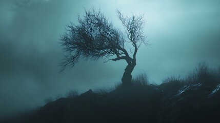 Lone Twisted Tree Silhouette Against Foggy Sky