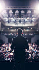 Speaker Delivering a Keynote Address on Stage to a Large Audience in a Packed Auditorium Under Bright Stage Lights