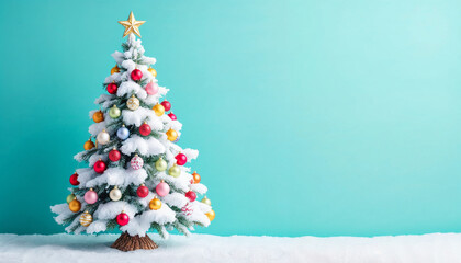 retro snow flocked christmas tree with ball ornaments and a vintage yellow star isolated on a light aqua pastel background with room for text canva background backdrop template