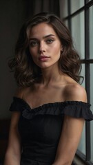 Fototapeta premium Elegant woman in black off-shoulder dress sitting by a window with natural light