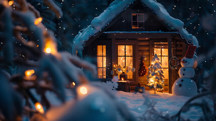 A cozy winter cabin lit by Christmas lights, with a snowman outside and a warmly glowing window showing a family celebrating around the Christmas tree