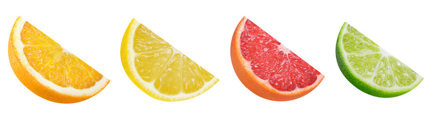 collection of citrus slices - orange, lime, lemon and grapefruit on isolated white background.