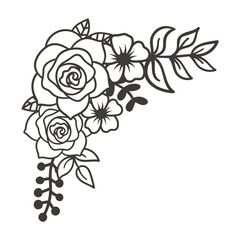 Romantic Corner Rose Arrangement, flower bouquet line design element. Black and white vector illustration.