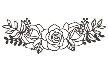 Elegant Floral Border with Roses, Rose flower bouquet line design element. Black and white vector illustration.