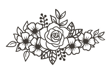 Elegant Roses and Leaves Outline, Floral Border with Roses, Rose flower bouquet design element. Black and white vector illustration.