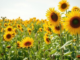 Fototapeta premium A beautiful meadow is filled with sunflowers that stretch towards the sky, their bright yellow petals shining like miniature suns, meadow, sunflowers, nature