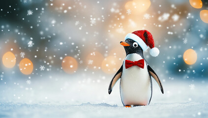 Fototapeta premium Adorable penguin wearing a Santa hat and bowtie, standing in snow with glowing bokeh lights in a festive winter setting. 
