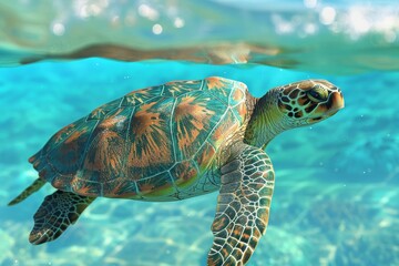 Obraz premium A green sea turtle glides effortlessly through vibrant, clear turquoise waters, showcasing its intricate shell patterns while sunlight filters through the surface above.