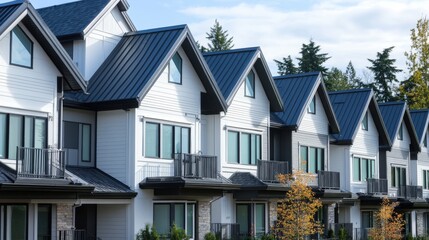 Fototapeta premium Row of Modern Townhouses with Black Roofs and Balconies