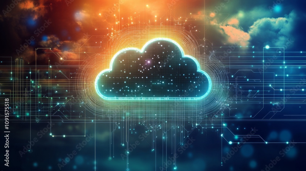 Poster A stylized cloud icon glows against a backdrop of glowing lines and dots, forming a pattern reminiscent of a circuit board. The background is dark blue with hints of orange and yellow.