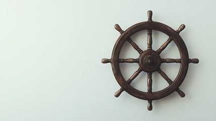 A Dark Wooden Ships Wheel Against A White Wall