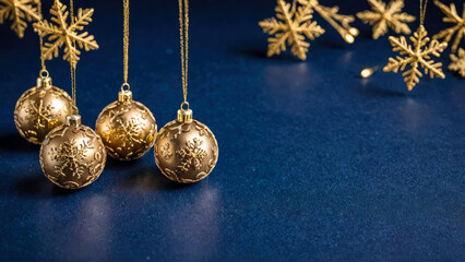 Fototapeta premium Christmas and New Year winter festive background. Golden glass balls and snowflakes on a blue background. Contemporary style festive backdrop for card, banner, flyer with copy space.