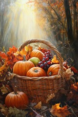 A full basket of Fall harvest. Seasonal theme for greeting card background.