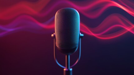 Close up microphone with abstract colorful curve lines background. Concept of Art of music, Fun and Creativity. 