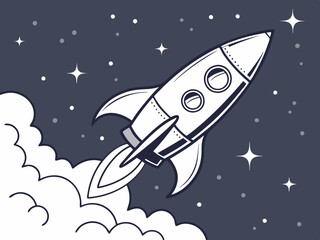 Fototapeta premium Colorful Rocket Ship Flying Through the Night Sky with Stars