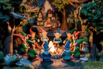 Fototapeta premium A group of gnomes gathered around a campfire in a miniature forest setting.