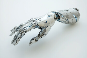 A highly detailed robotic hand reaching forward, designed with metallic silver and subtle blue accents, on a clean white background