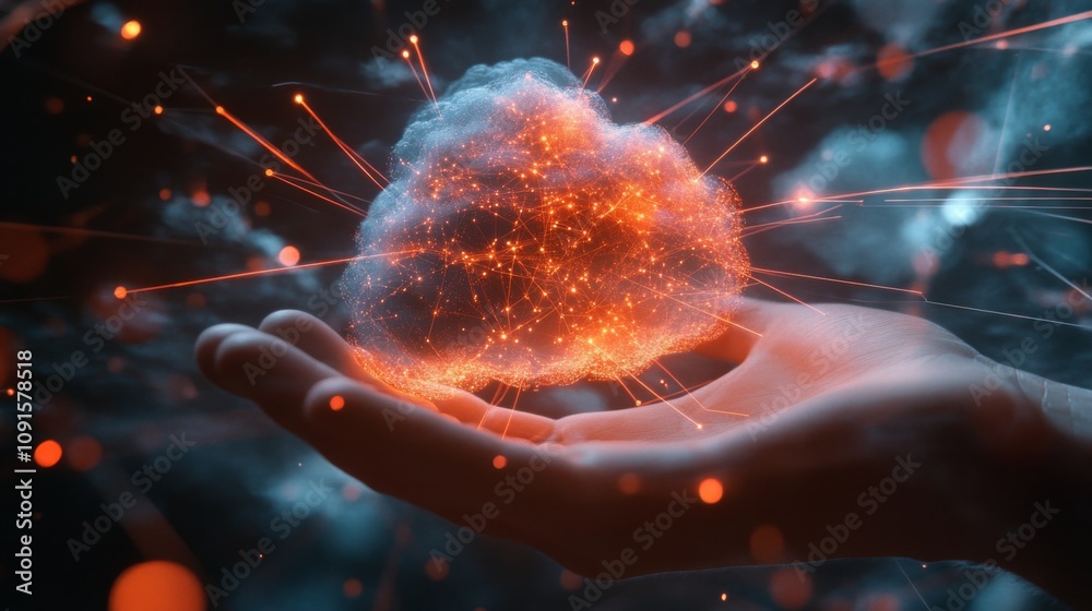 Aufkleber a hand gently cradles a glowing cloud filled with sparks, set against a dark backdrop to enhance the