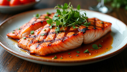 Delicious grilled salmon fillet garnished with fresh herbs and served with sauce on a plate