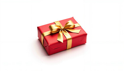 Obraz premium Beautifully wrapped red gift box with a golden ribbon on a white background