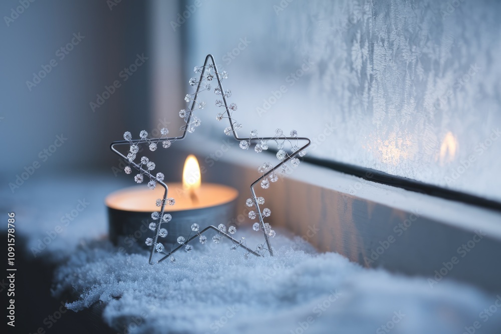 Poster a silver star with crystals sits on snow by a lit candle with a frosted window in the background.