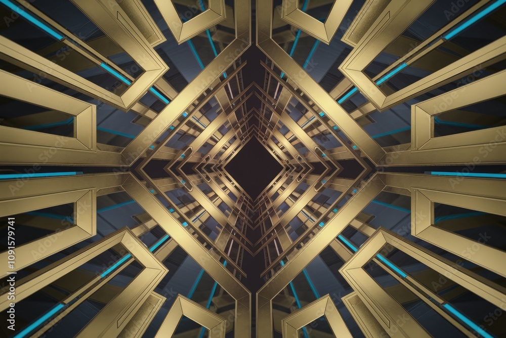 Leinwandbilder Abstract geometric pattern with golden squares and blue lines  creating a perspective effect.
