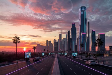 Fototapeta premium A futuristic cityscape at sunset with a long empty highway.