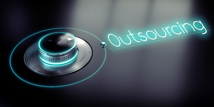 Outsourcing - rotary knob and glowing word - 3D illustration