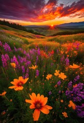 Fototapeta premium vibrant wildflower fields bathed magical sunset glow lush colors dramatic skies, wildflowers, skyscape, colorful, nature, bloom, blossoms, landscape, views