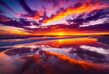 Fototapeta premium vibrant coastal sunset casting colors tranquil waters inspirational reflections purple hues horizon, ocean, sky, clouds, evening, sunlight, scenery, outdoor