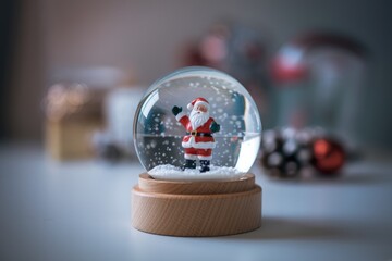 A snow globe featuring Santa Claus standing in a snowy scene.