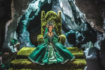 Elf queen in green gown sits on mossy throne in a cave