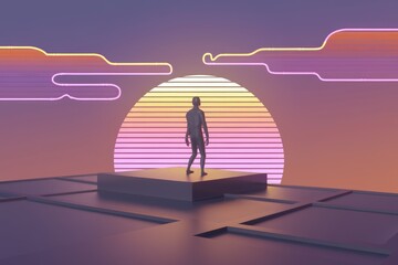 Fototapeta premium A solitary figure stands on a platform against a backdrop of a retro style sunset.