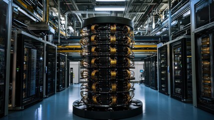 A quantum computing database setup in a data storage center, showcasing advanced cloud computing technologies.