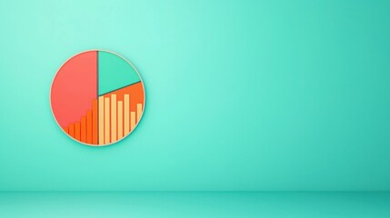 Backlinks mobile SEO concept. A colorful pie chart with bar graphs on a turquoise background, representing data visualization and analysis.